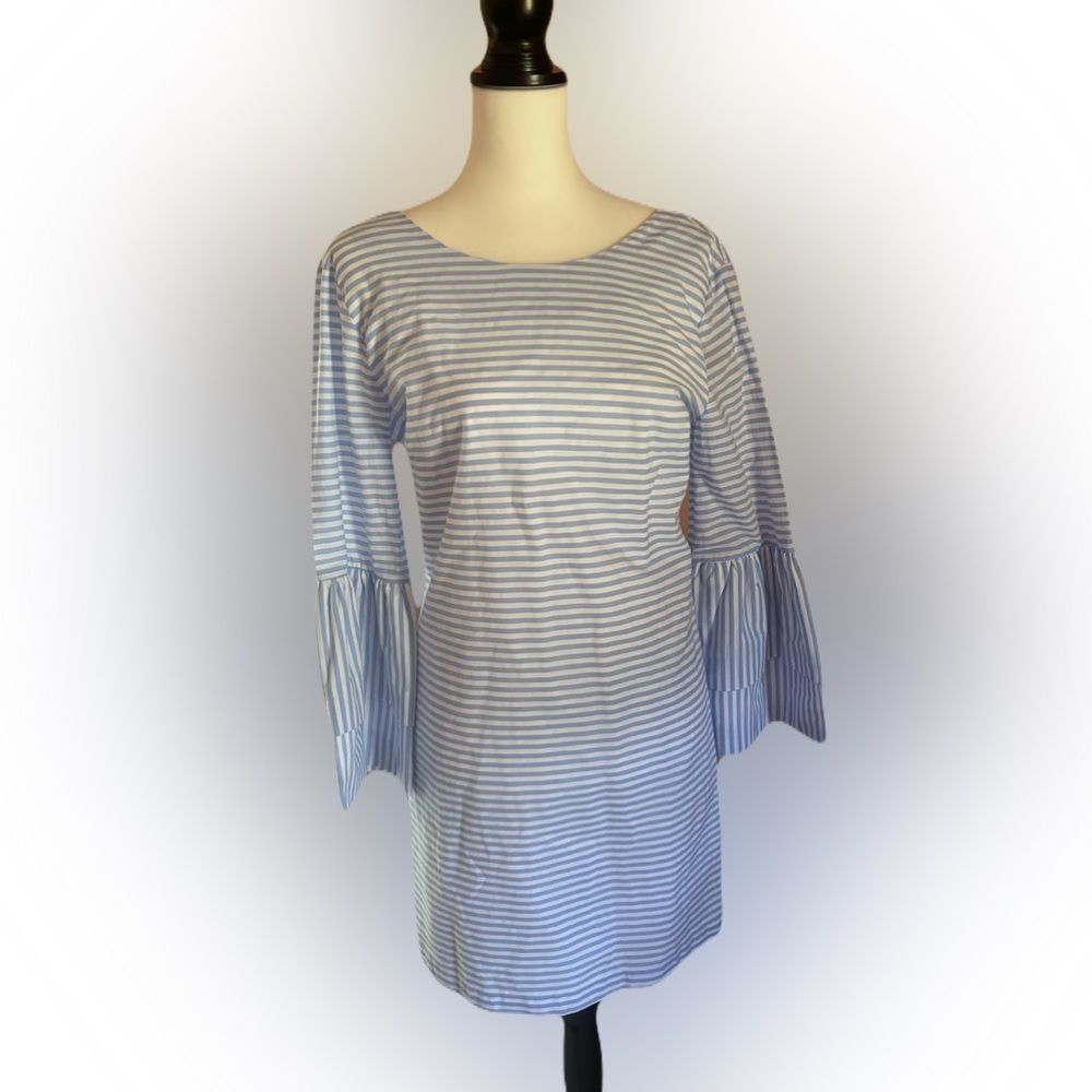 English Factory NWT White Blue Cotton Shift Dress Bell Sleeves Size S - Picture 2 of 6